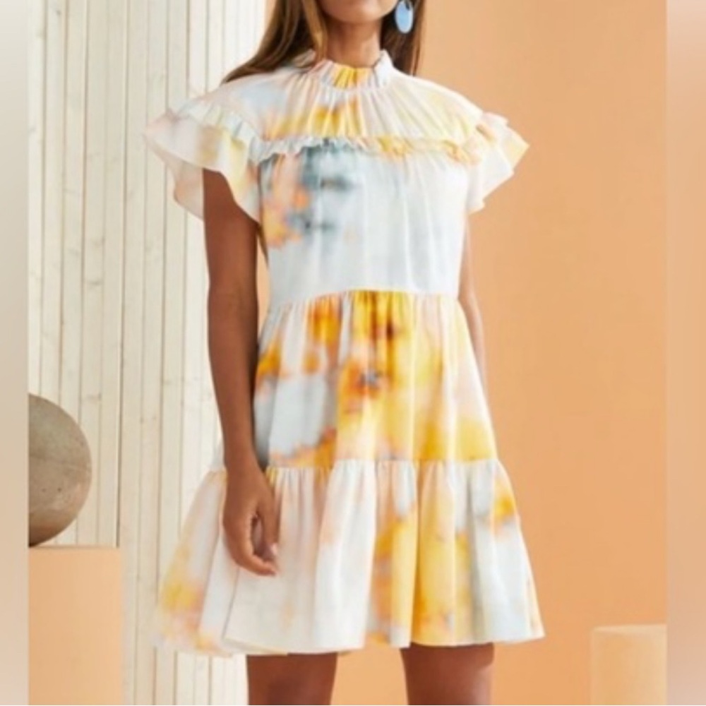 ❗️ Marie Oliver Silk Cotton Short Sleeve Flutter Pastel Watercolor Dress Small